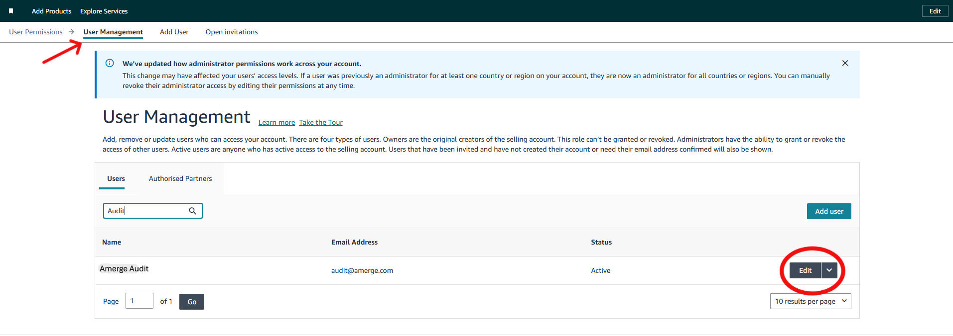 amazon seller central, user management