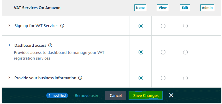amazon seller central, user permissions save changes