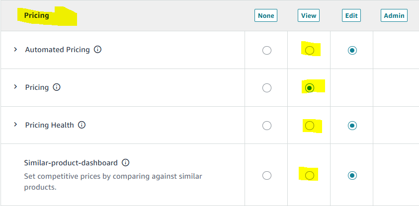 amazon seller central, user permissions pricing