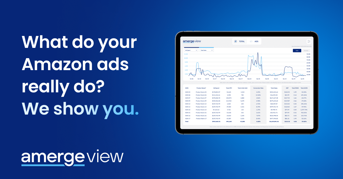 AmergeView interface, proprietary tool to measure data from Amazon Ads AmergeView interface, proprietary tool to measure data from Amazon Ads