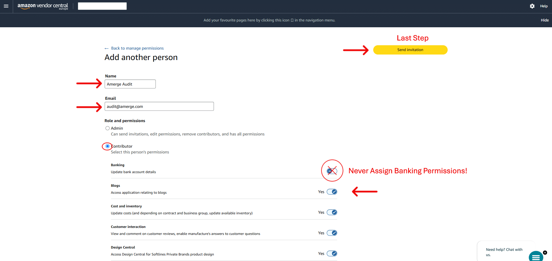Amerge Guide: Inviting User to Vendor Central, Step 3