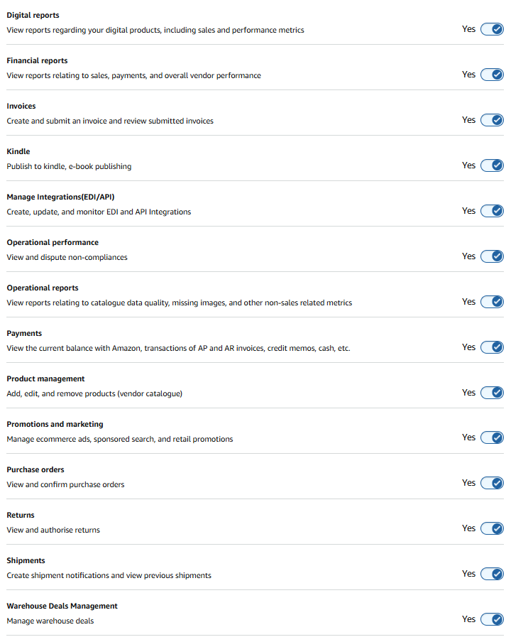 Amerge Guide: Inviting User to Vendor Central, permissions