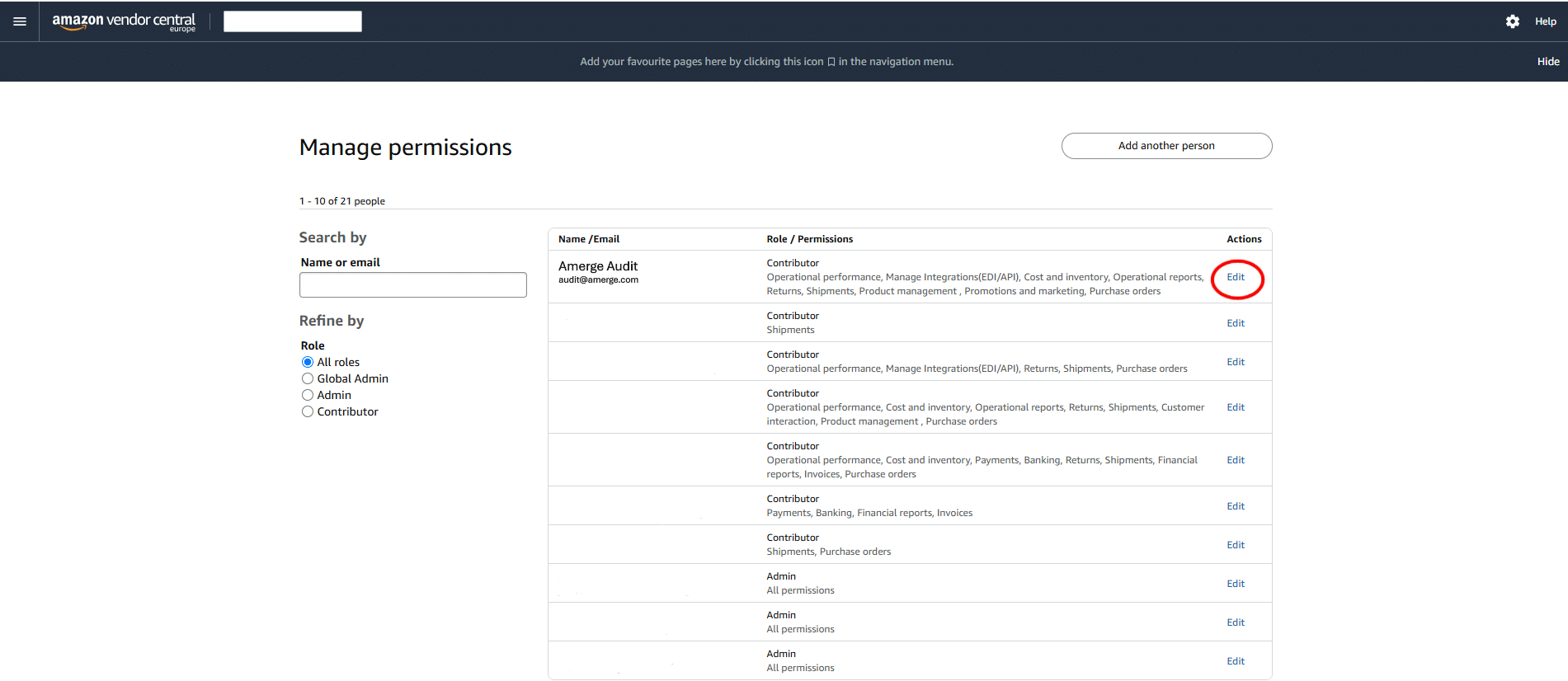 Amerge Guide: Inviting User to Vendor Central, Step 4