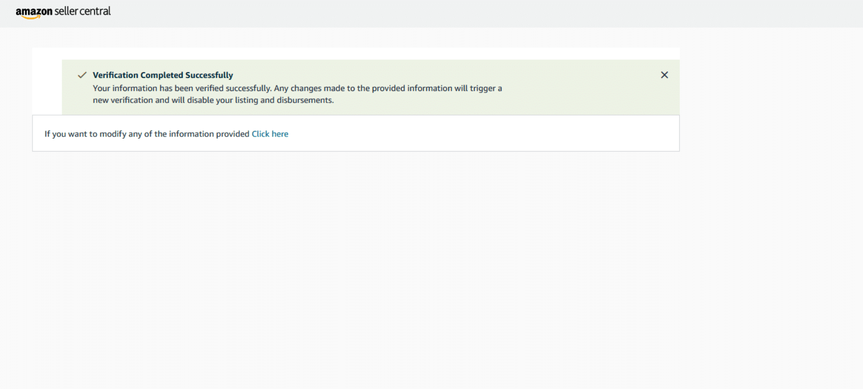 amazon seller central, user permission verification completed successfully