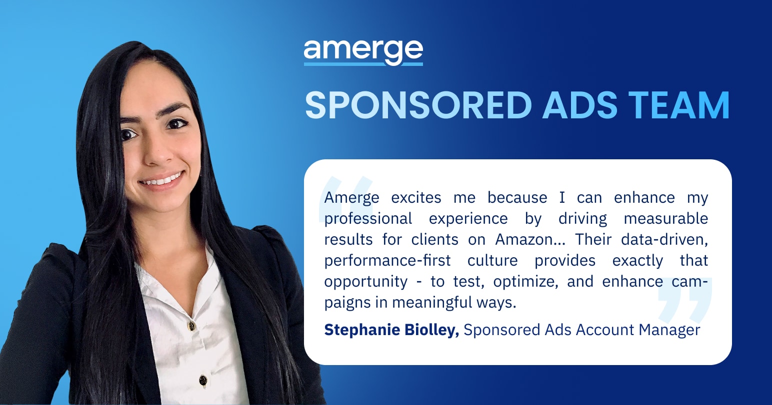 Stephanie Biolley from Amerge discussing Amazon marketing strategies and performance-driven advertising, showcasing how data-driven optimization delivers measurable results, campaign growth, and client success.