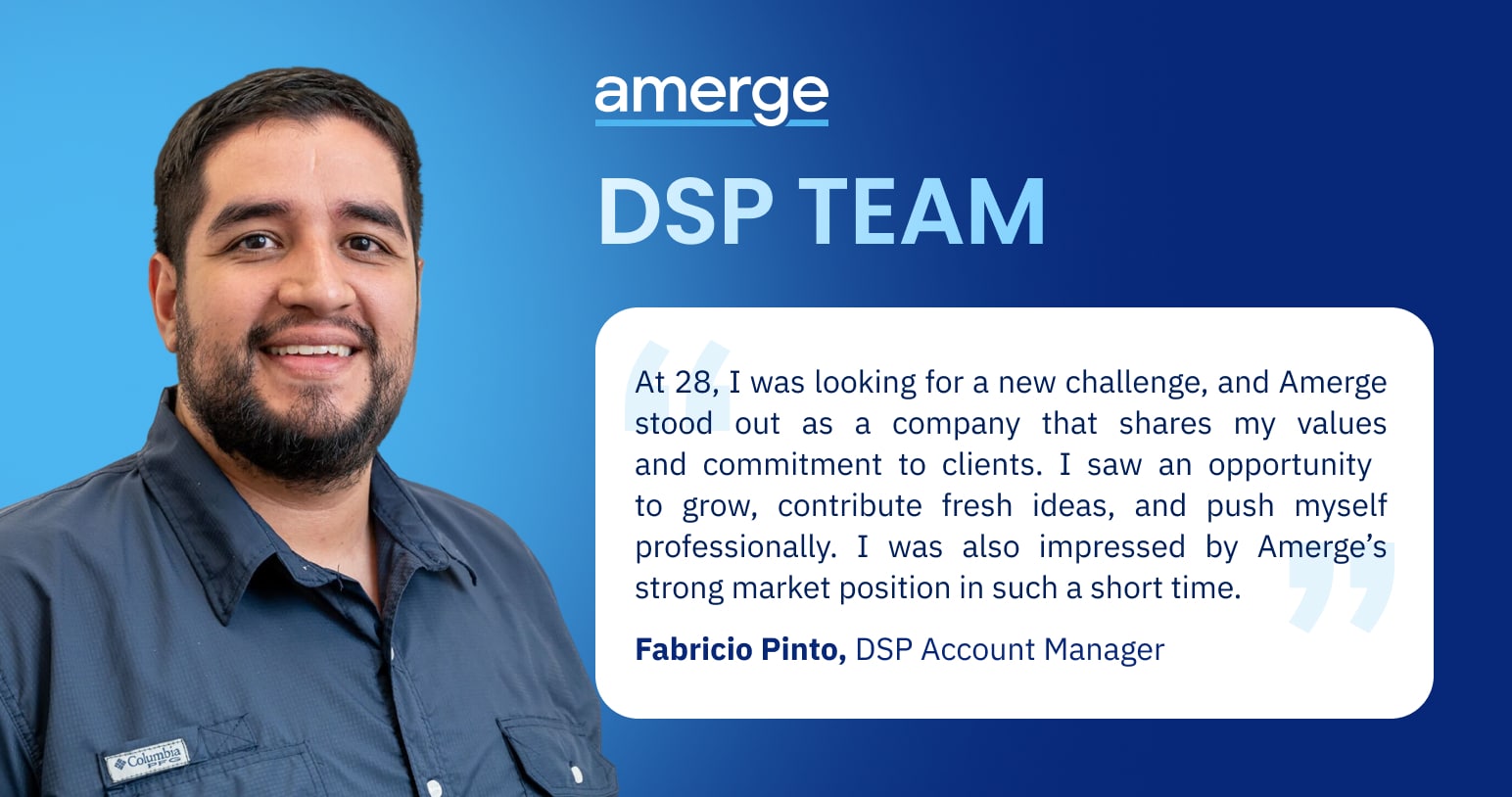 Fabricio Pinto is describing why he joined Amerge; motivated by its strong market position, shared values, and opportunities to grow, innovate, and deliver results in Amazon Ads and digital marketing.