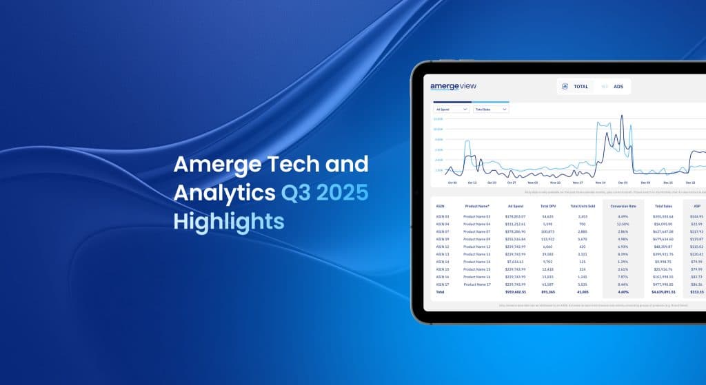 Amerge Tech Q3 2025 Highlights Tablet displaying Amerge Tech and Analytics Q3 2025 Highlights with performance graph – showcasing Amerge’s innovative Amazon marketing tools and data-driven insights.