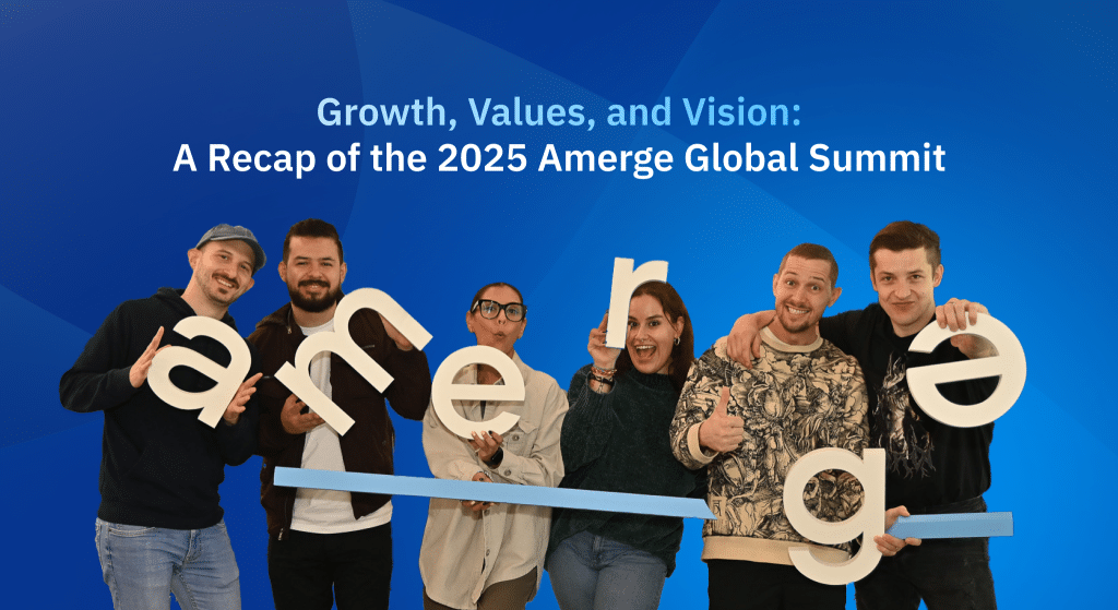 amerge_global-summit_featured-image Six Amerge team members holding company name letters on a blue background during the 2025 Amerge Global Summit – celebrating growth, values, and vision.