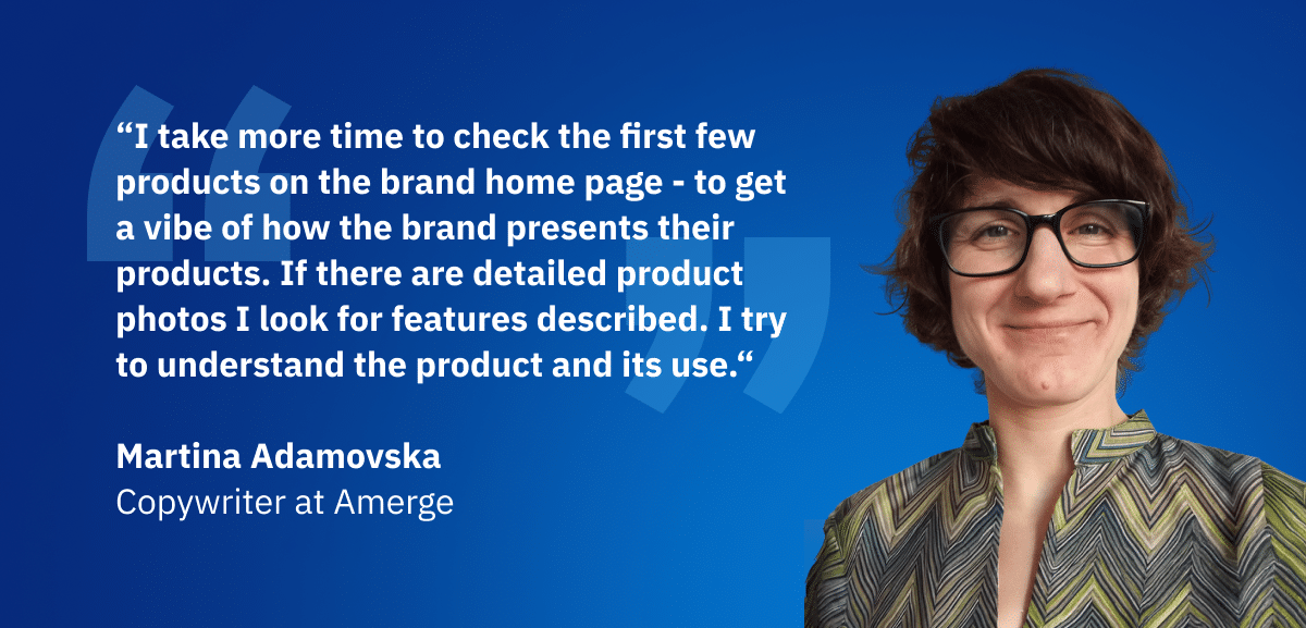 Martina, copywriter at Amerge, explaining her approach to analyzing brand home pages and product details to create effective Amazon listings.