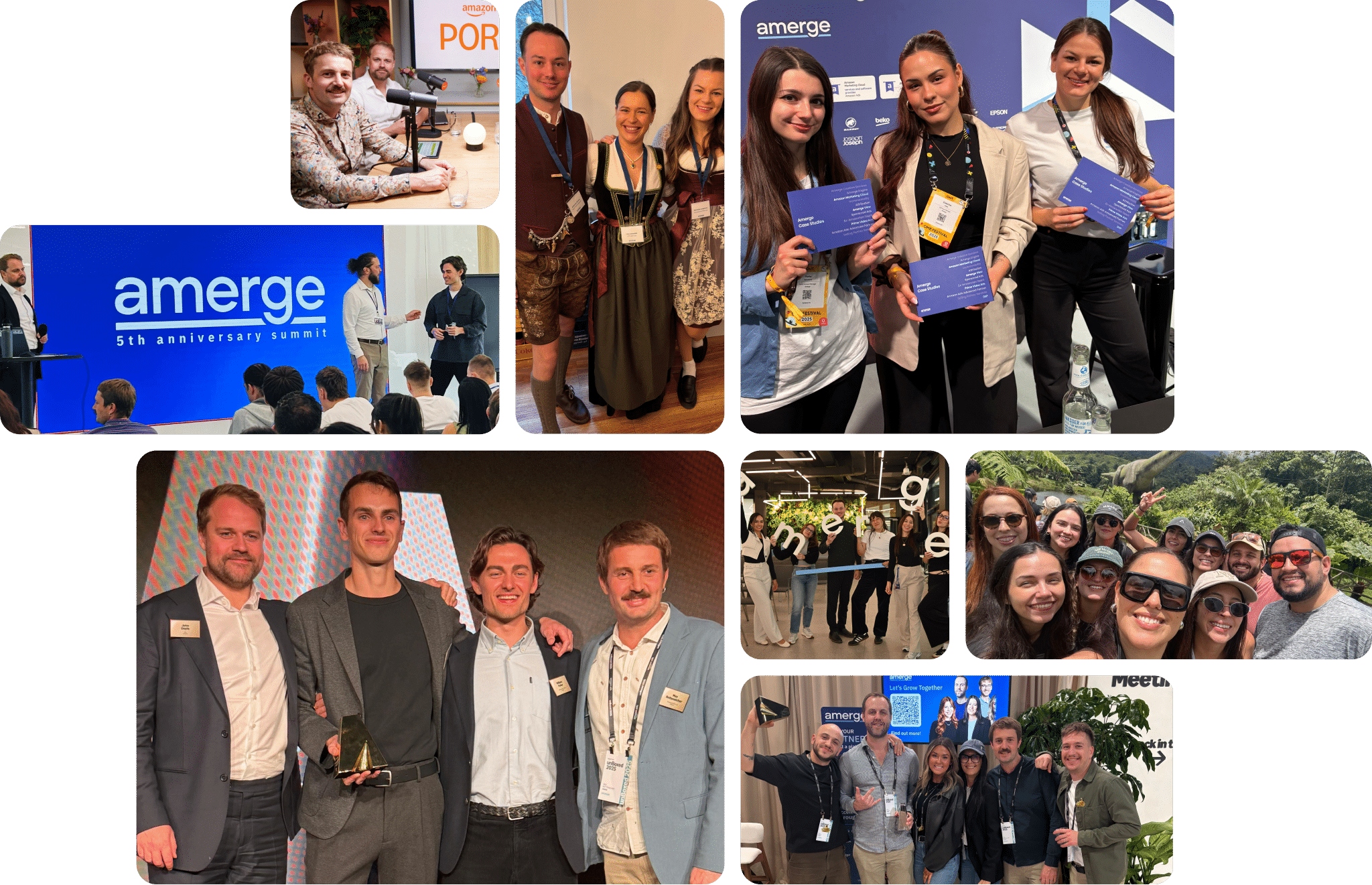 Collage featuring Amerge team at global events including conferences, Oktoberfest, Amazon Unboxed, and Cannes Lions, highlighting Amerge&rsquo;s 2025 year as a global Amazon marketing agency.