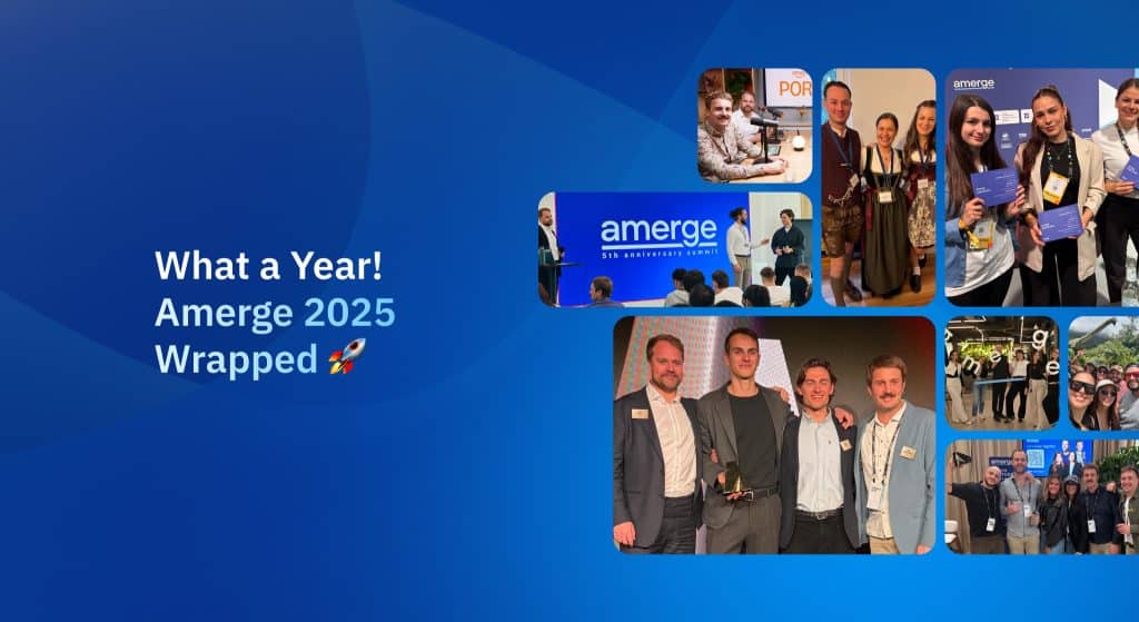 Collage on blue background featuring Amerge team at global events including conferences, Oktoberfest, Amazon Unboxed, and Cannes Lions, highlighting Amerge’s 2025 year as a global Amazon marketing agency.