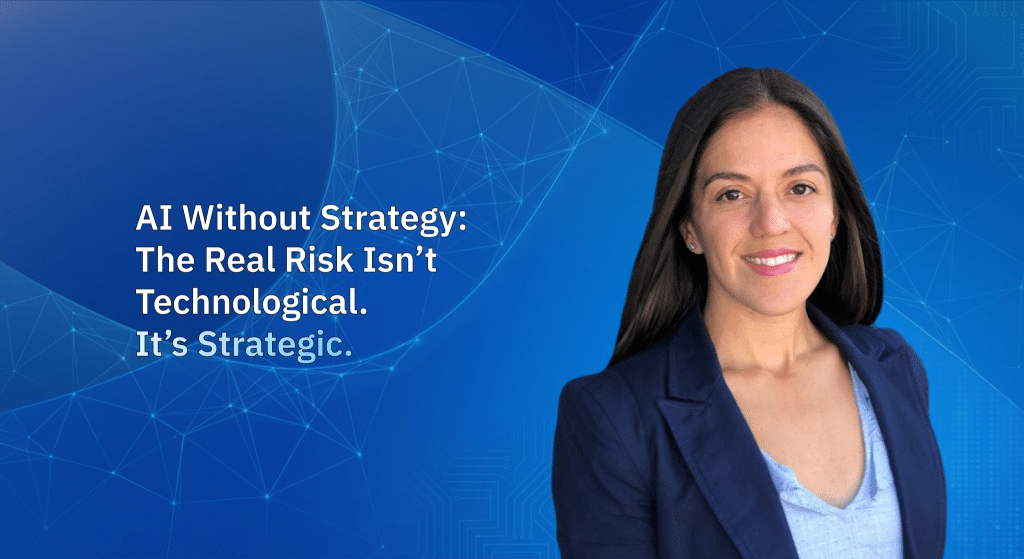 Marketing expert Silvia Rojas from Amerge on blue background with headline about AI strategy, explaining how brands can succeed with Amazon advertising and data-driven decision-making.