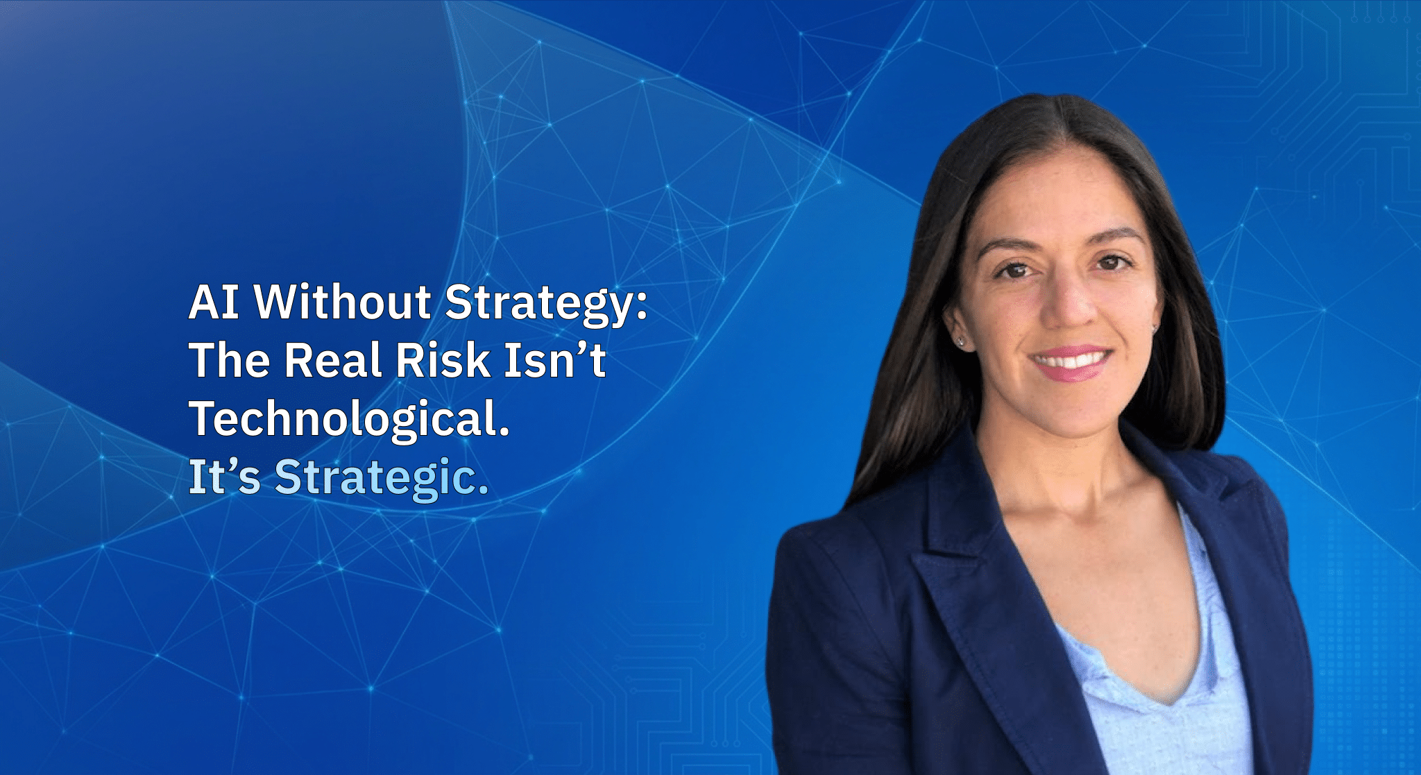 Marketing expert Silvia Rojas from Amerge on blue background with headline about AI strategy, explaining how brands can succeed with Amazon advertising and data-driven decision-making.