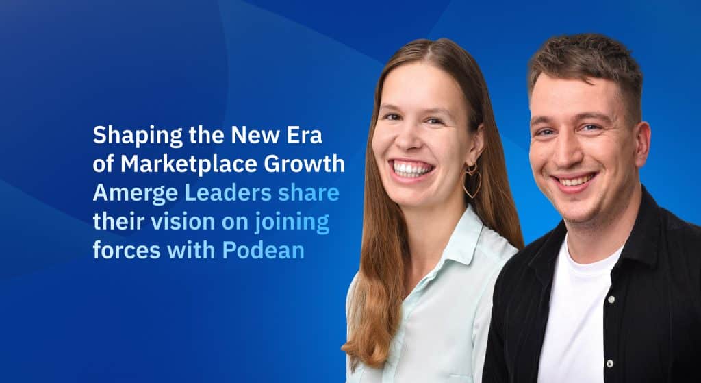 Cover image with title “Shaping the New Era of Marketplace Growth” and portraits of Amerge leaders on a blue background