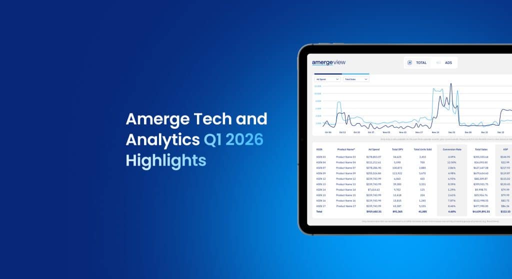 Tablet displaying Amerge Tech and Analytics Q1 2026 Highlights with performance dashboard and data insights for Amazon marketing analytics.