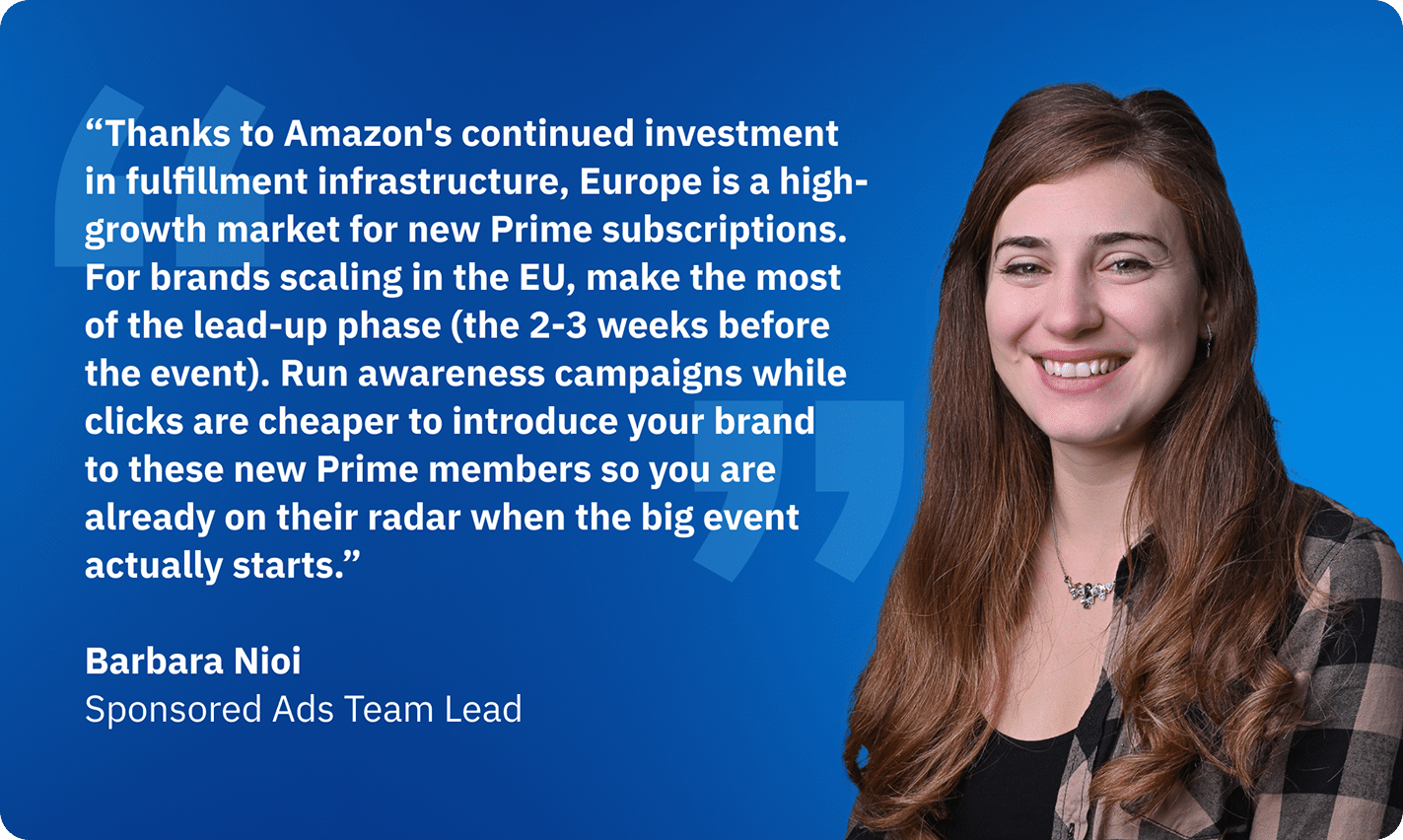 Barbara Nioi, Sponsored Ads Team Lead at Amerge, discussing Prime Day shopper behavior, CPC inflation, and advertising strategy in EU markets.