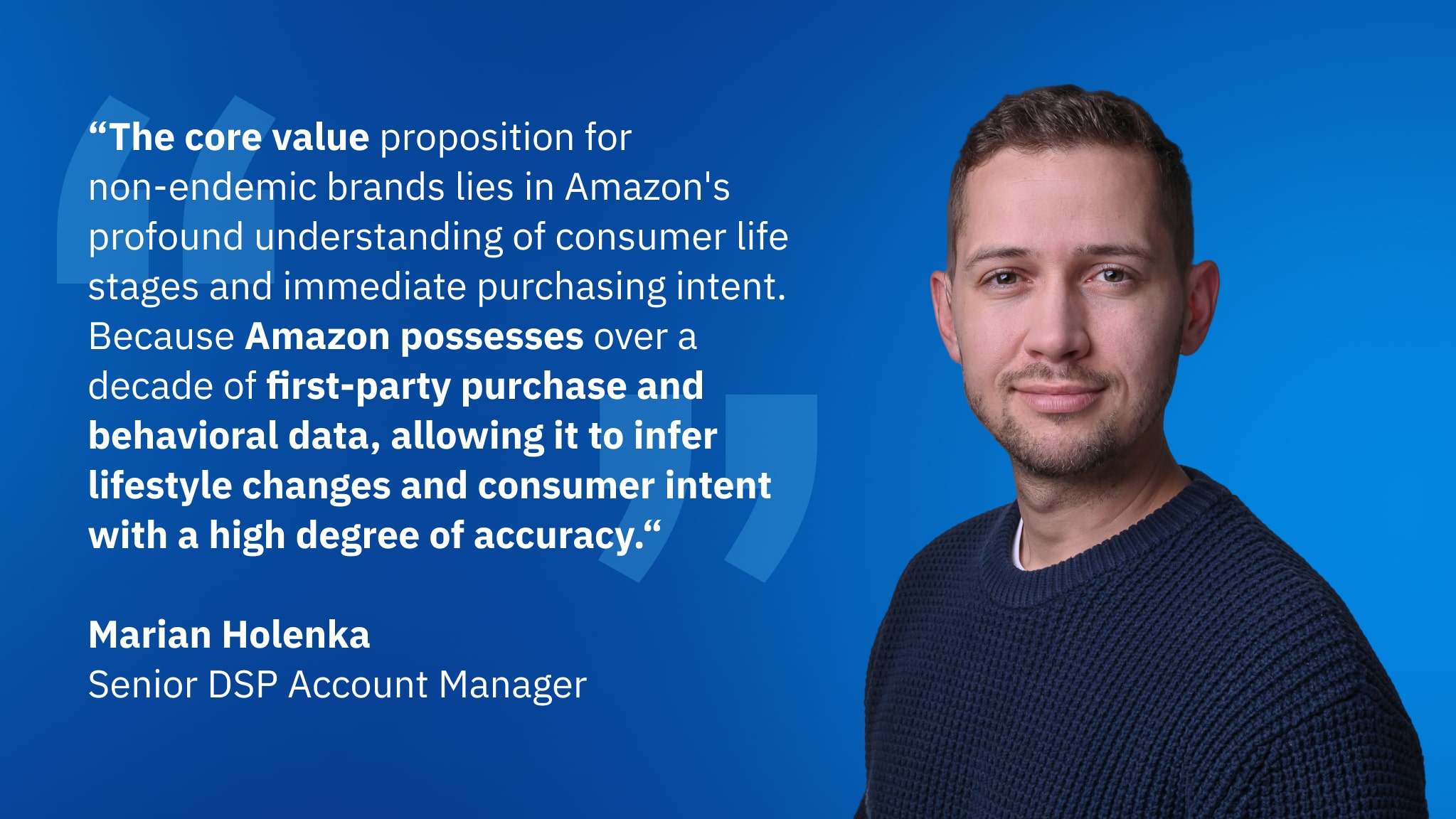Marian Holenka sharing insights on Amazon DSP audience targeting, first-party data, and consumer intent for non-endemic brands.
