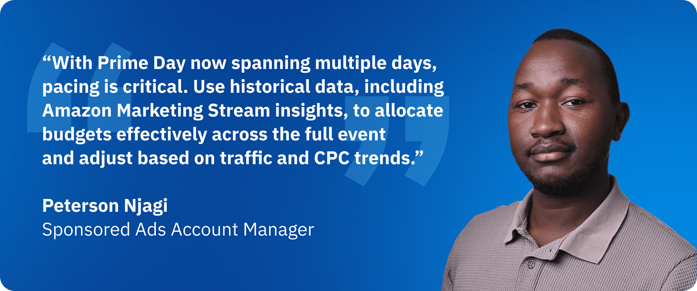 Peterson Njagi, Sponsored Ads Account Manager at Amerge, discussing Prime Day budget pacing, TACOS, and total business impact measurement.
